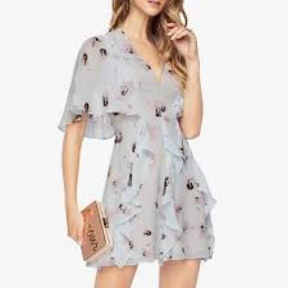 BCBGMaxazria 100% Silk Mabel Cape Ruffle Cocktail Dress V-Neck Size 10 - Picture 1 of 15